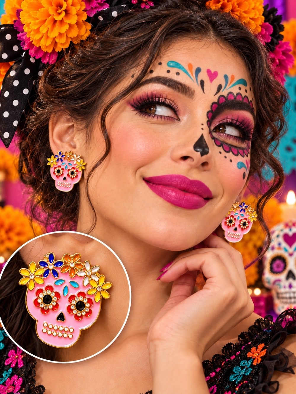 BETSEY JOHNSON DIA DE LOS MUERTOS PINK SUGAR SKULL EARRINGS